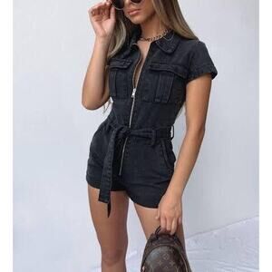 NWOT White Fox Black Denim Romper Belted Acid Wash Biker Zip Up Size XL